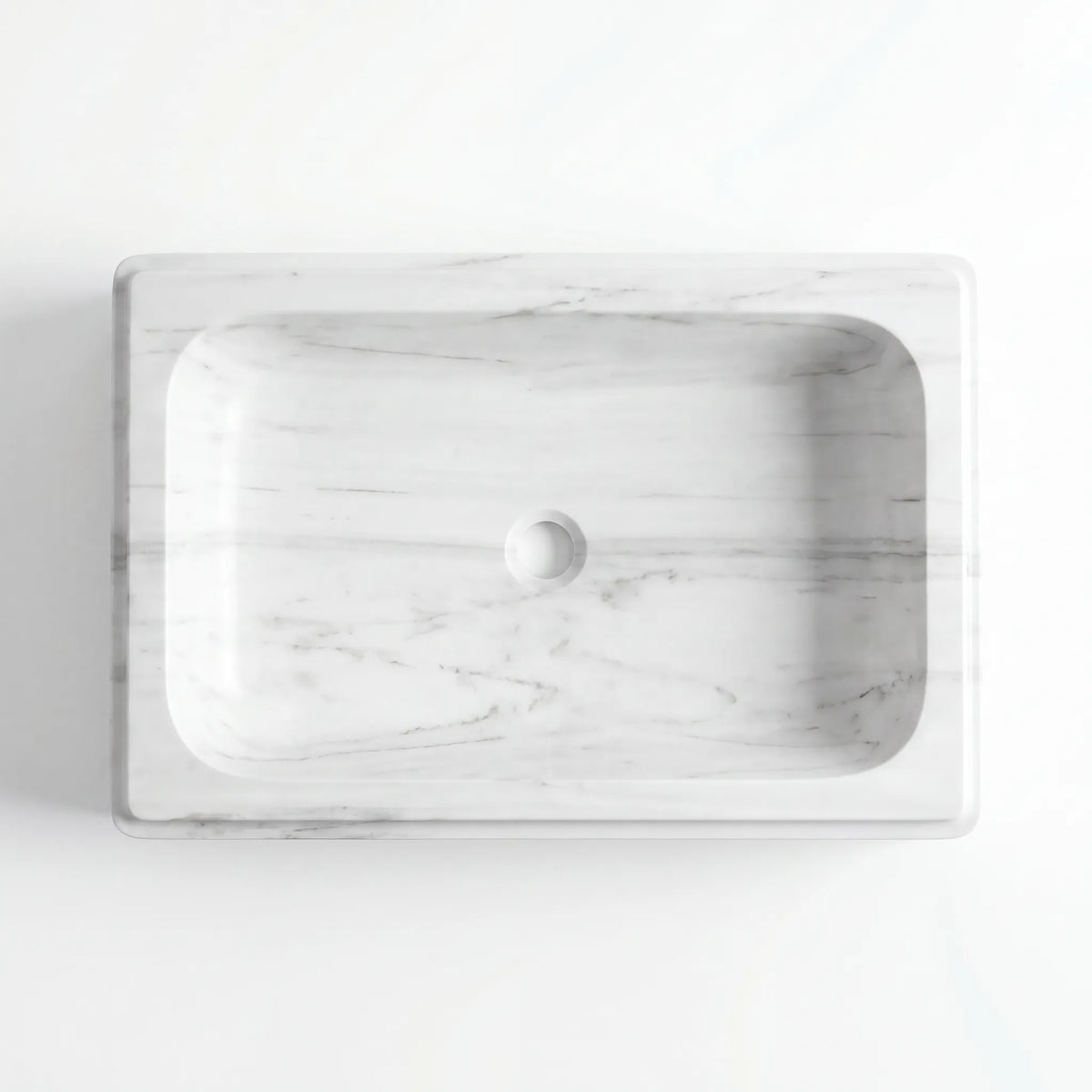 Detailed view of RMD-162 Carravelle Carrara white marble vessel sink showing elegant natural veining