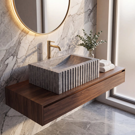 RMD-164 Grivana round grey marble vessel sink styled on an elegant bathroom vanity