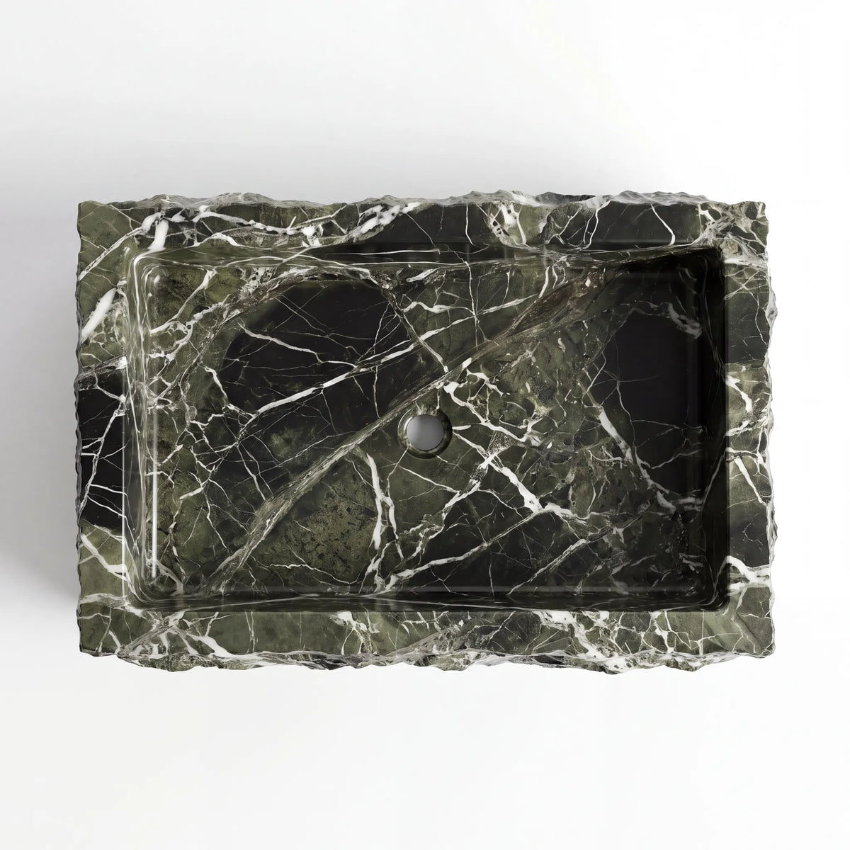 Detailed view of RMD-167 Verdanique green marble vessel sink showing distinctive natural veining