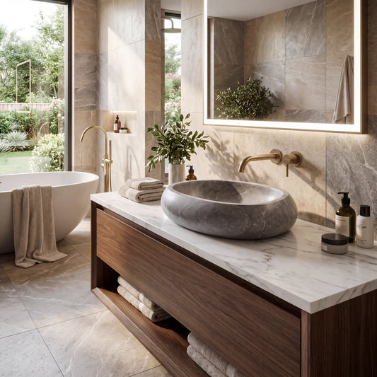RMD-173 Grivora round grey marble vessel sink styled on an elegant bathroom vanity