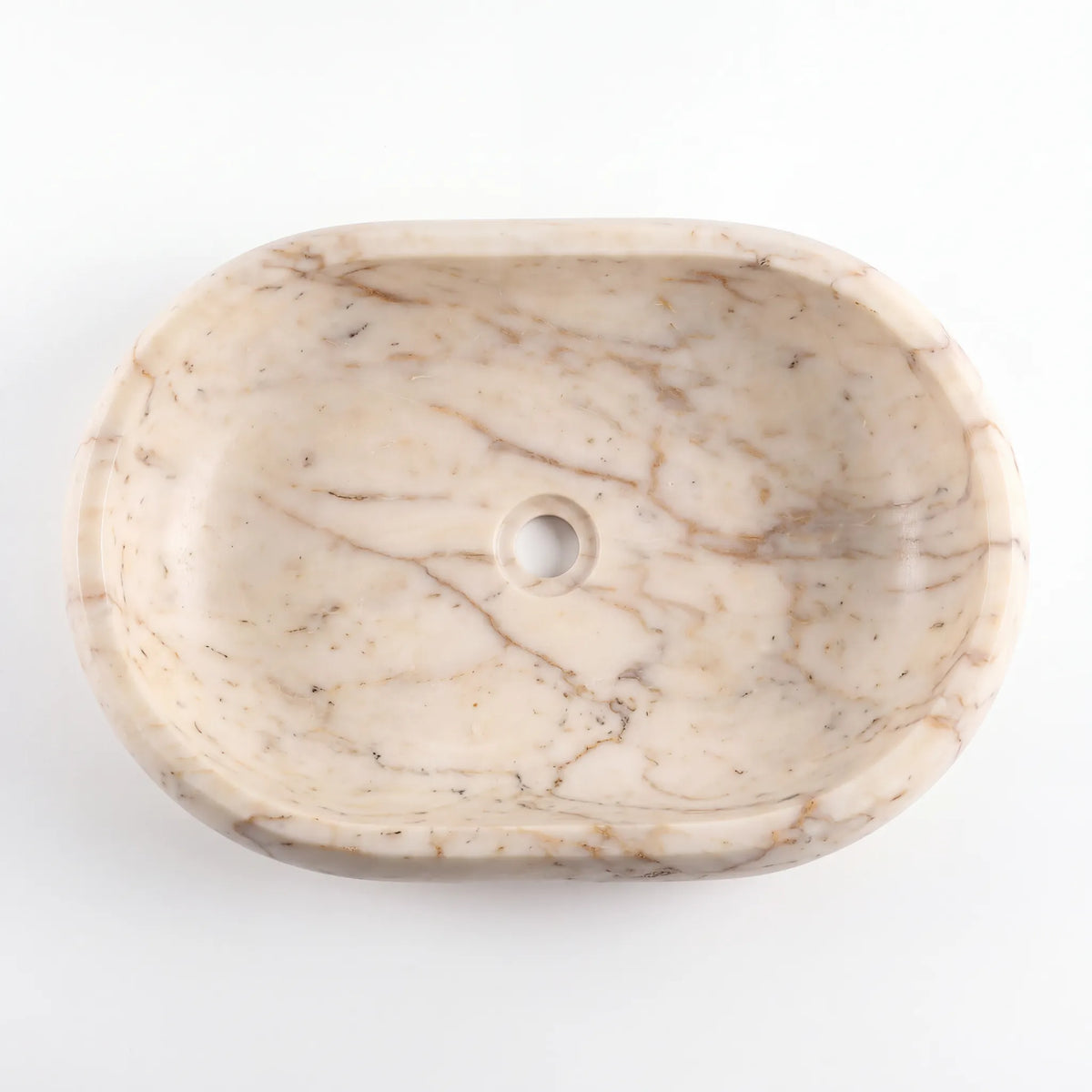 Detailed view of RMD-185 Auremont Calacatta Gold marble vessel sink showing elegant natural veining