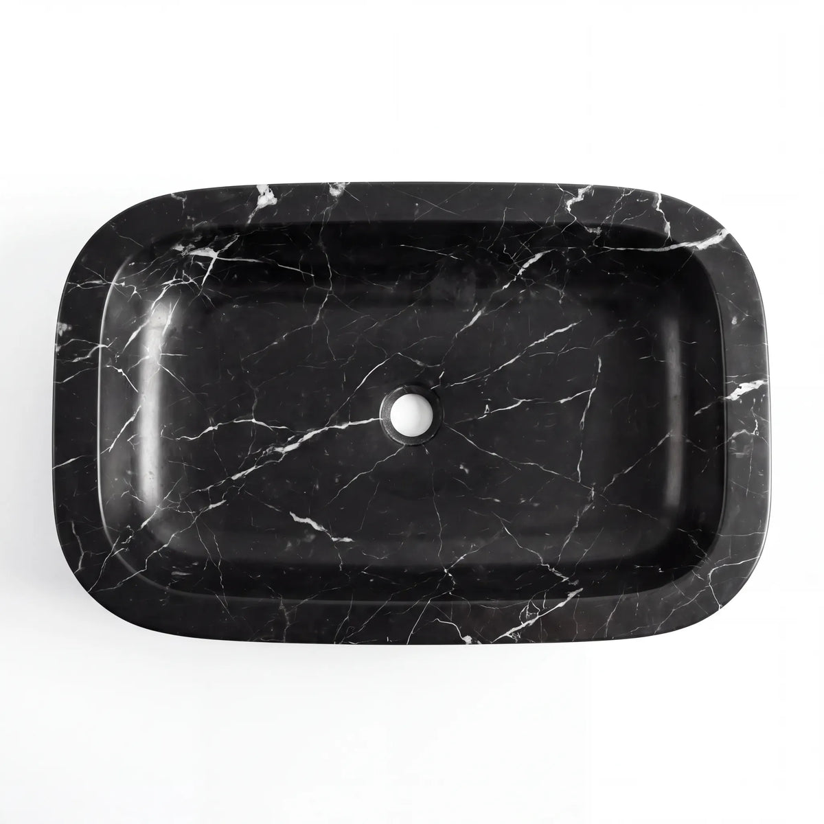 Detailed view of RMD-188 Nerovera Nero Marquina marble vessel sink showing distinctive natural veining