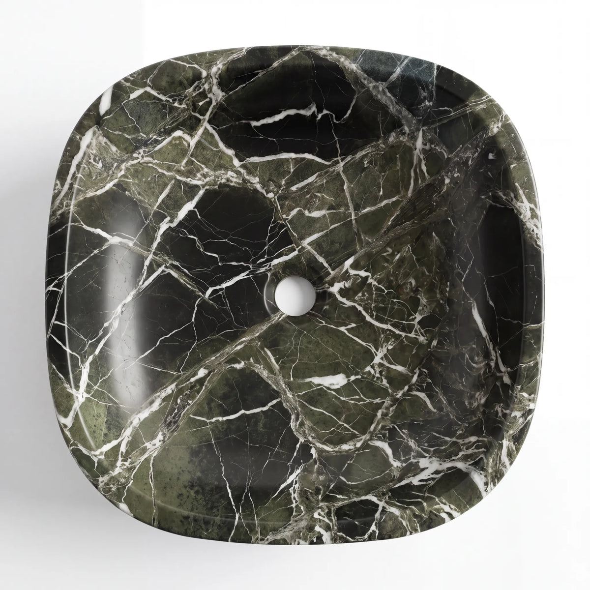 Detailed view of RMD-191 Verdelis green marble vessel sink showing distinctive natural veining