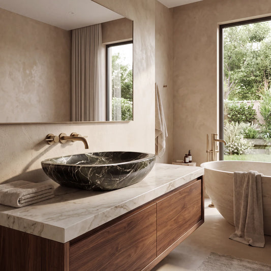 RMD-202 Verdanis rectangular green marble vessel sink styled on an elegant bathroom vanity