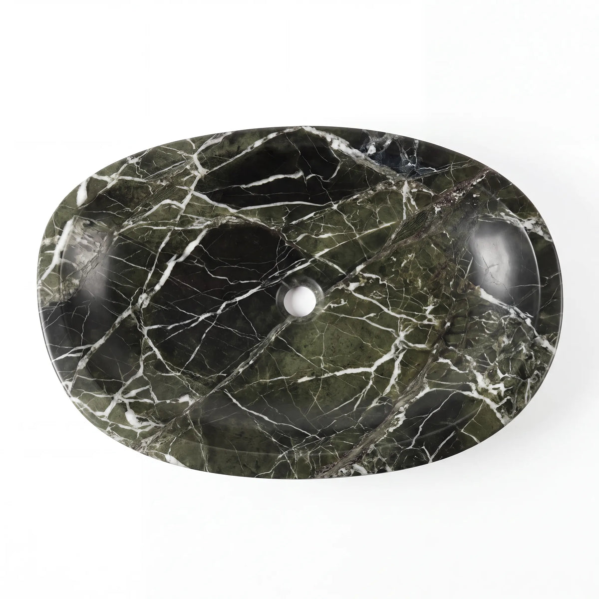 Detailed view of RMD-202 Verdanis green marble vessel sink showing distinctive natural veining