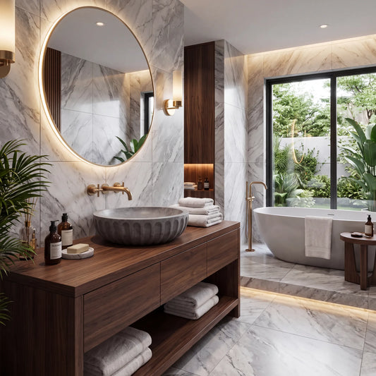 RMD-207 Grigora round grey marble vessel sink styled on an elegant bathroom vanity