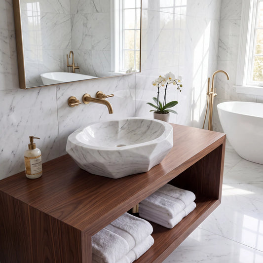 RMD-213 Carrelia round Carrara white marble vessel sink styled on an elegant bathroom vanity