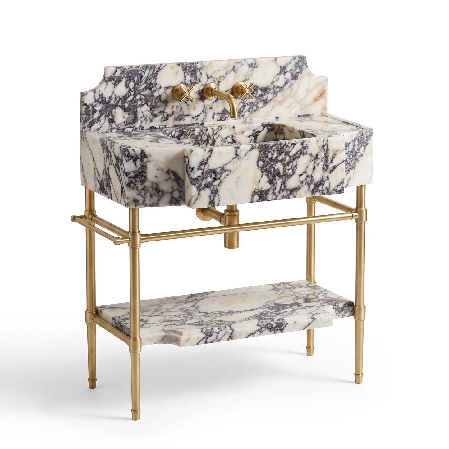 A vintage-style bathroom vanity featuring a white and gray marble sink basin with a matching marble shelf and backplate, supported by a polished gold brass frame with cross-handle faucets.