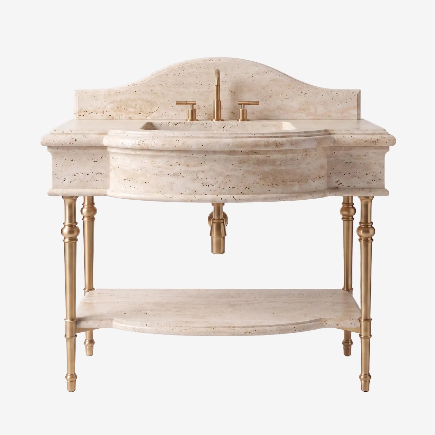 A freestanding bathroom vanity with a curved cream stone top and sink, gold-tone faucet and handles, and a matching lower shelf on turned legs, photographed against a light gray studio background.