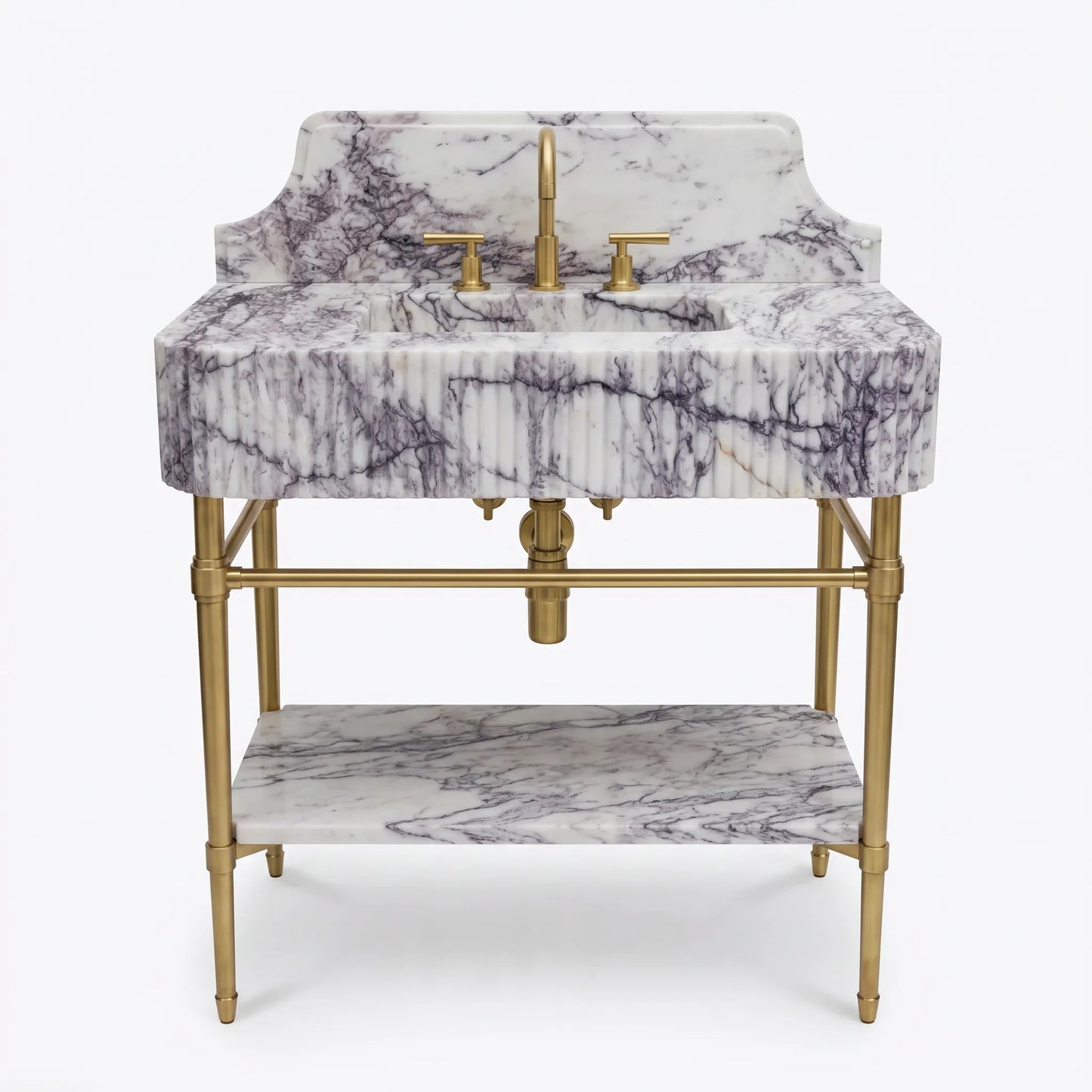 A double-sink bathroom vanity featuring a white and gray marble countertop, backsplash, and lower shelf, paired with a polished brass faucet, handles, and metal frame.