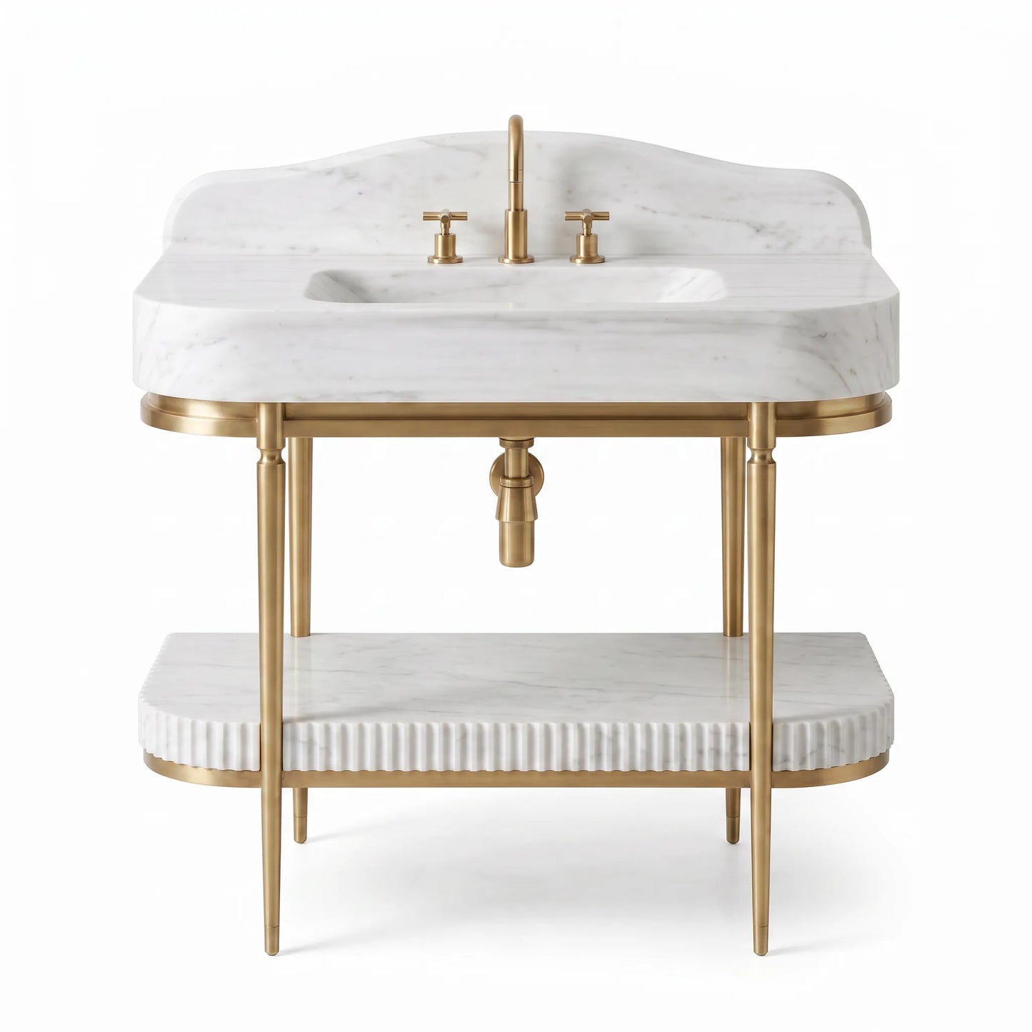 A modern bathroom vanity featuring a white marble sink top and lower shelf with a brushed gold metal frame, legs, and faucet.