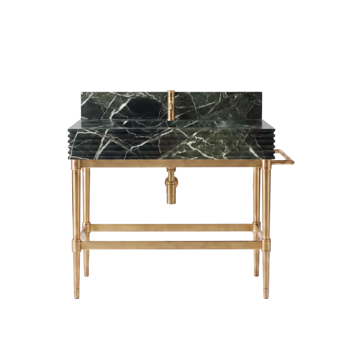 Velluto 30 inch Petrol Green marble bathroom vanity sink with solid brass console legs
