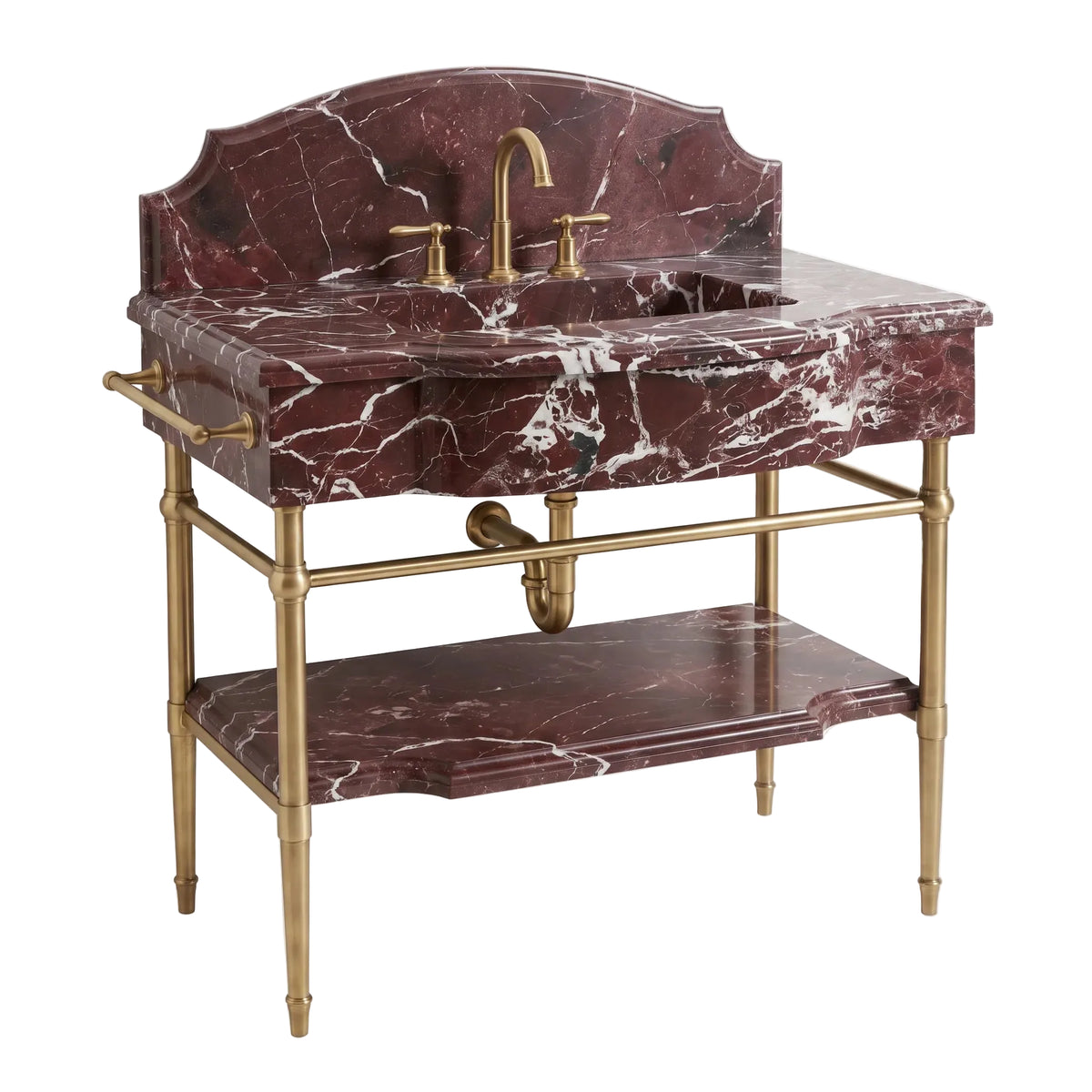 Venezia 30 inch Rosso Levanto marble bathroom vanity sink with solid brass console legs and matching marble shelf
