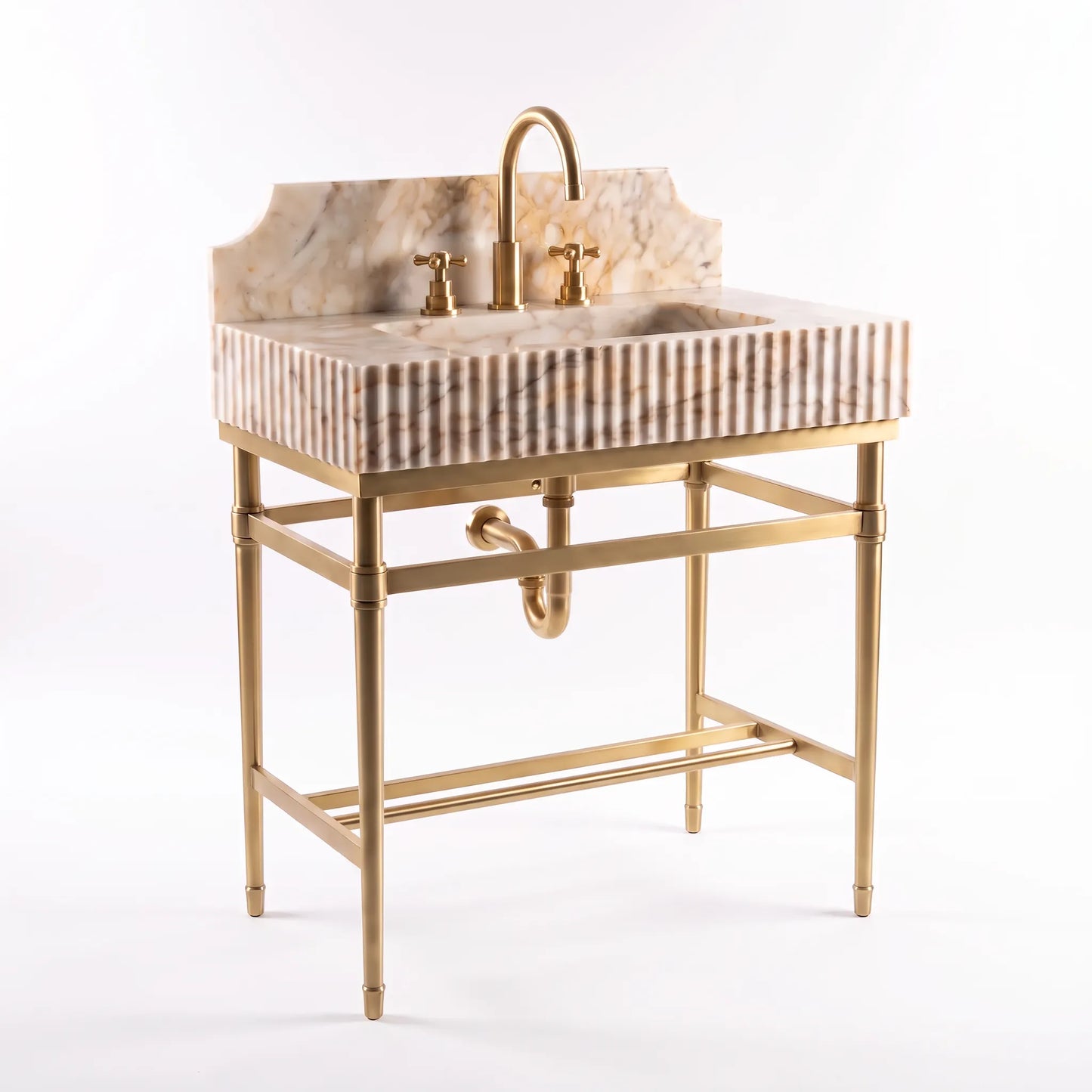 A freestanding bathroom vanity with a rectangular sink basin, striped marble-look front panel, curved backplate, and polished brass-tone metal stand and faucet, shown on a white studio background.
