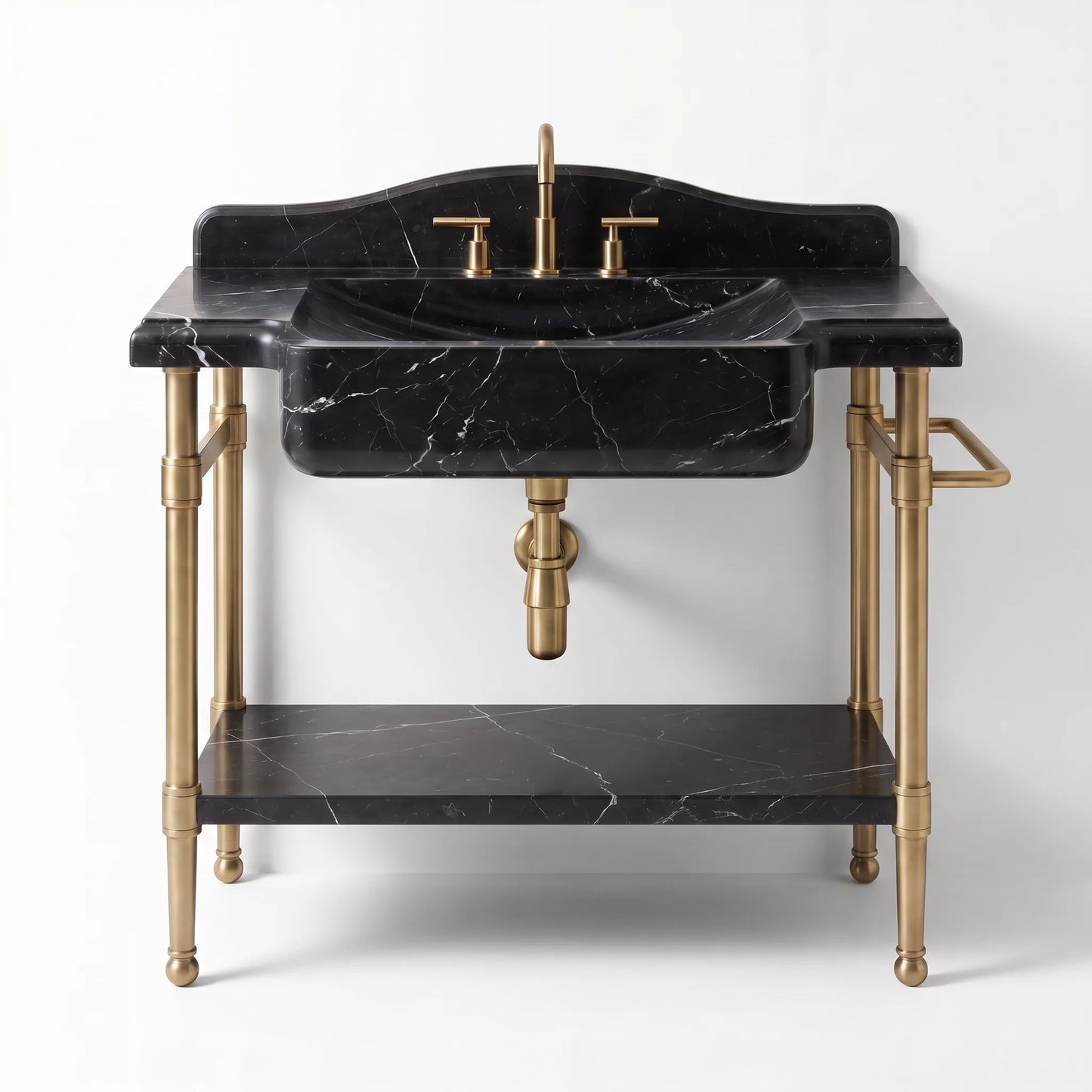 A freestanding bathroom vanity with a black marble countertop and sink, black marble shelf, and brass/gold metal legs, faucet, and handles on a light gray background.