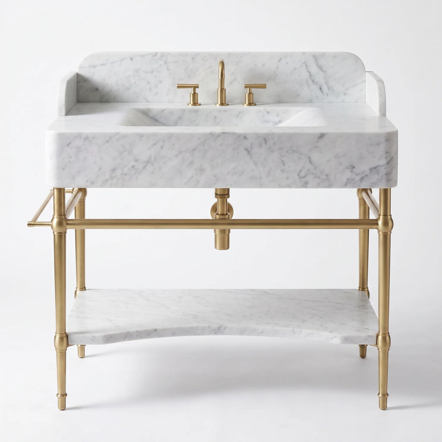 A bathroom vanity with a white marble sink and back panel, a gold brass faucet and trim, and a matching marble lower shelf on a white background.