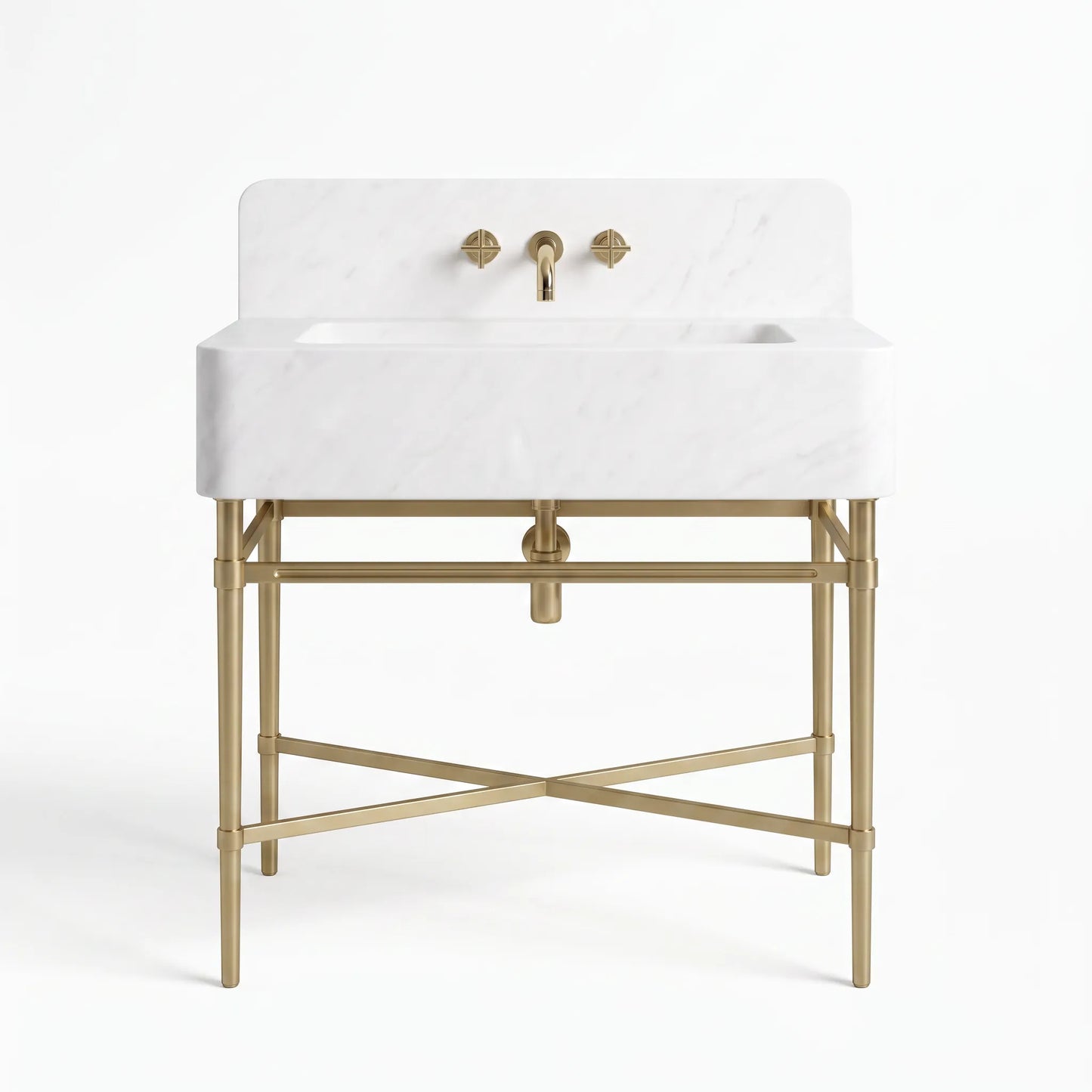 A freestanding bathroom sink with a white marble basin and backplate, supported by a gold-finished metal stand, featuring a matching gold faucet and two round wall-mounted controls.
