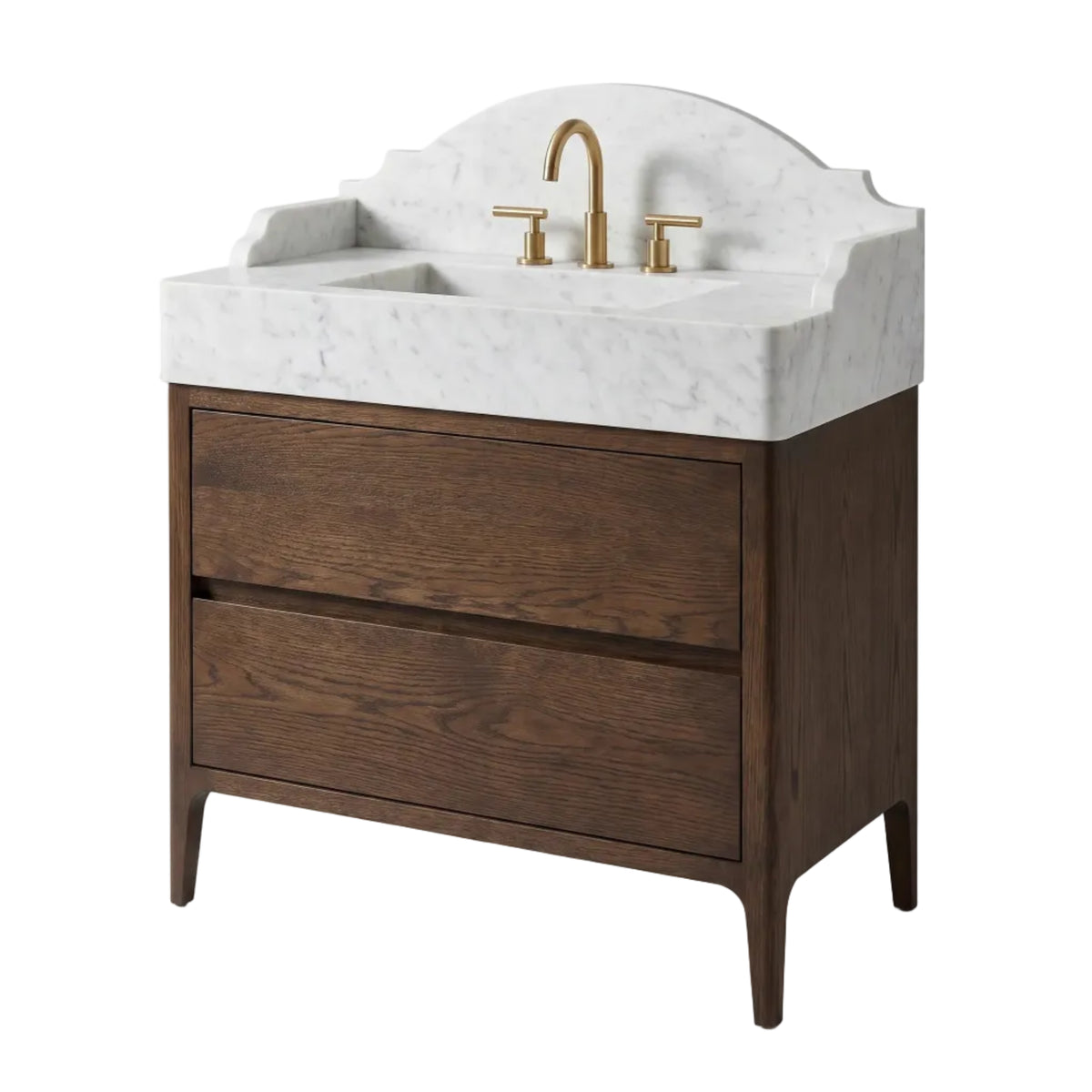 Wexford custom Carrara White marble bathroom vanity with arched backsplash and handcrafted walnut cabinet