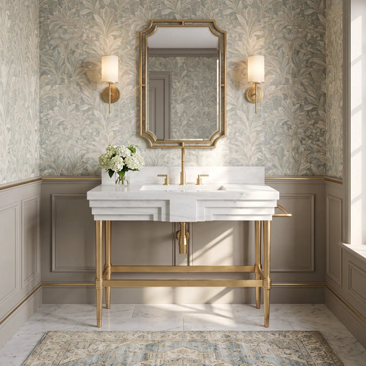 Arcadia 30 inch Carrara White marble bathroom vanity with sink and solid brass console legs in a luxury bathroom