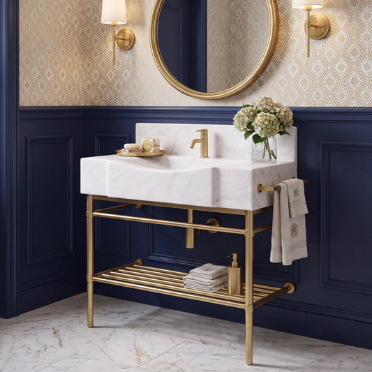Arezzo 30 inch Carrara White marble console sink vanity with solid brass legs