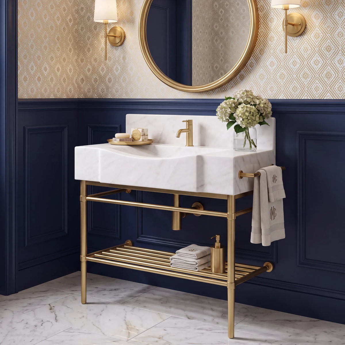 Arezzo 30 inch Carrara White marble console sink vanity with solid brass legs