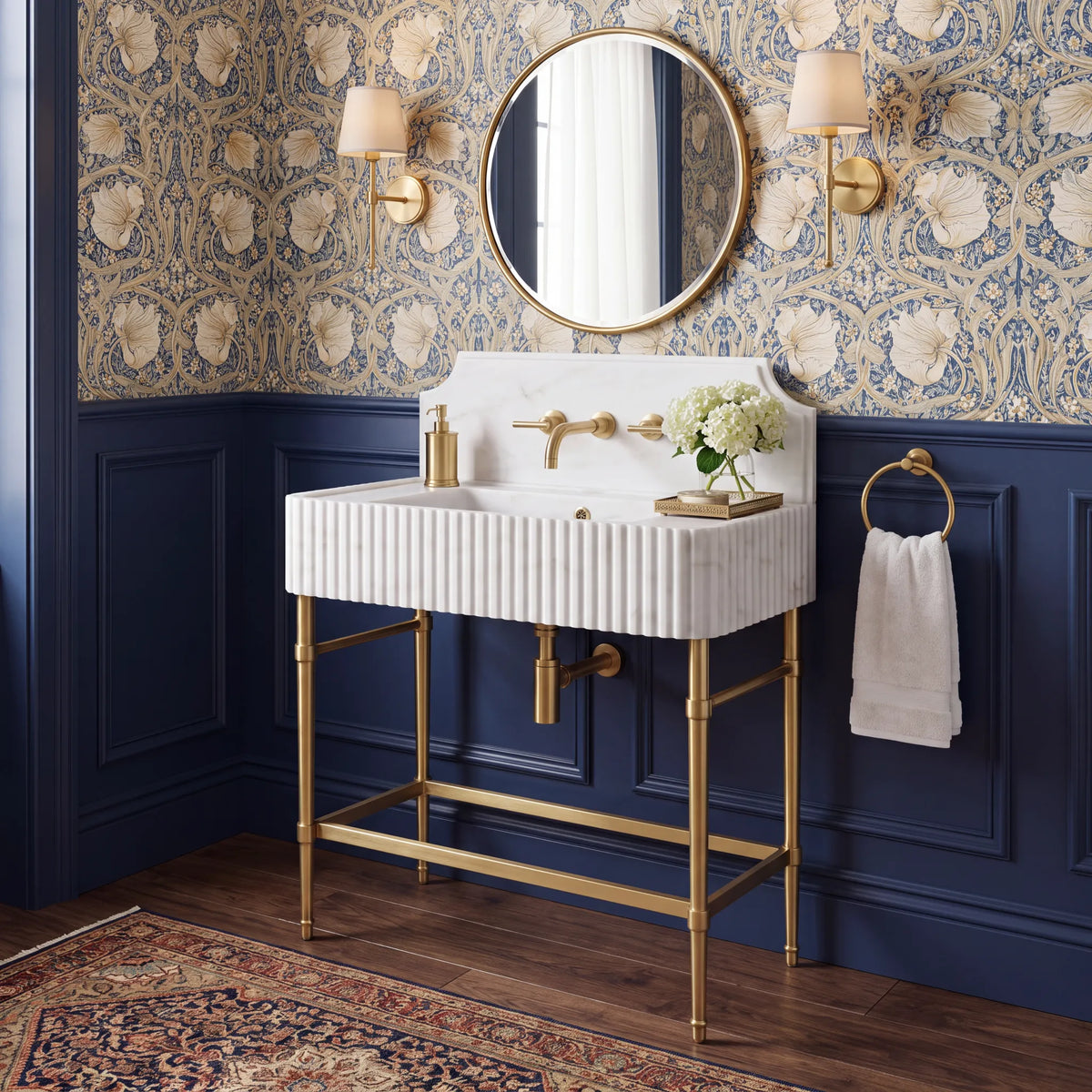 Aria 30 inch Carrara White marble console sink vanity with fluted front and solid brass legs
