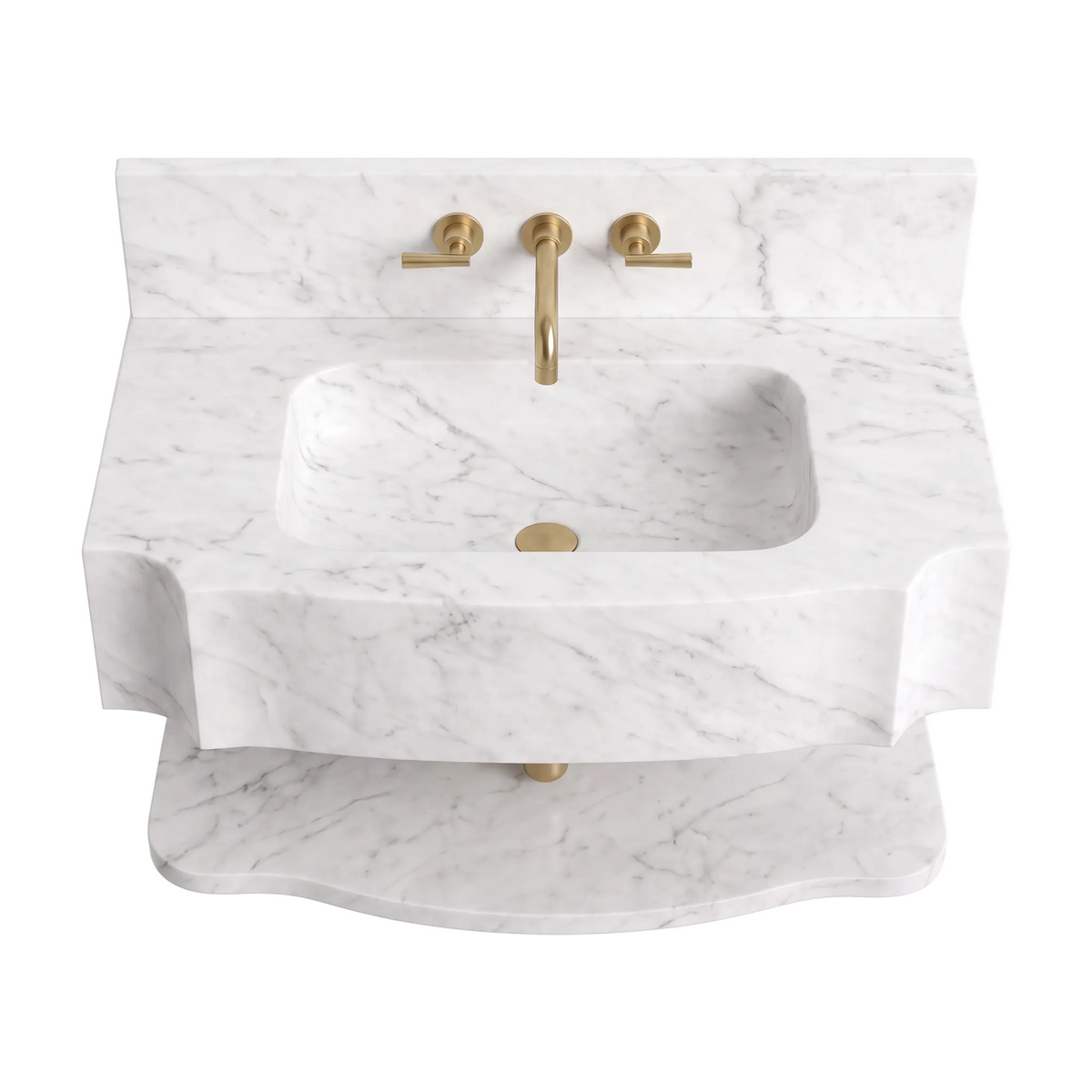 Arizona 30 inch Carrara White floating marble bathroom sink with matching backsplash and lower marble shelf