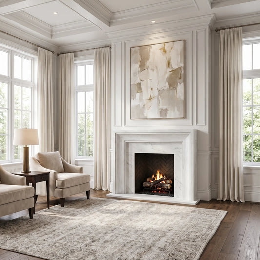 Aspen Carrara White marble fireplace surround featuring natural gray veining, layered geometric molding, and handcrafted architectural details.