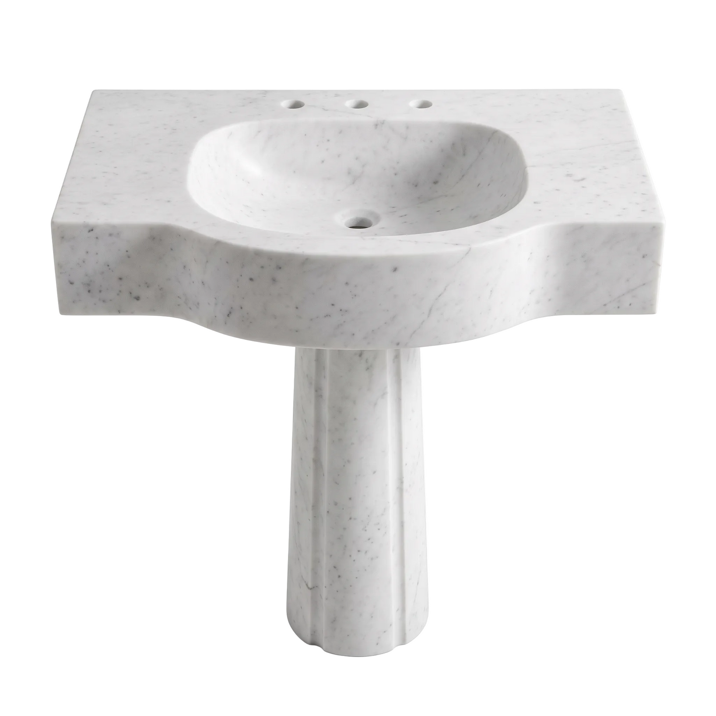 Avelin custom Carrara White marble pedestal bathroom sink with thick sculpted curved front, integrated basin, three faucet holes and rounded pedestal base
