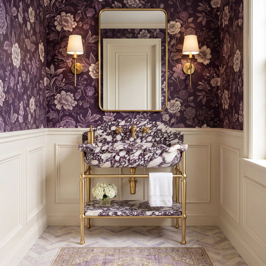 Avellino 30 inch Calacatta Viola marble bathroom vanity with sink and solid brass console legs in a luxury bathroom
