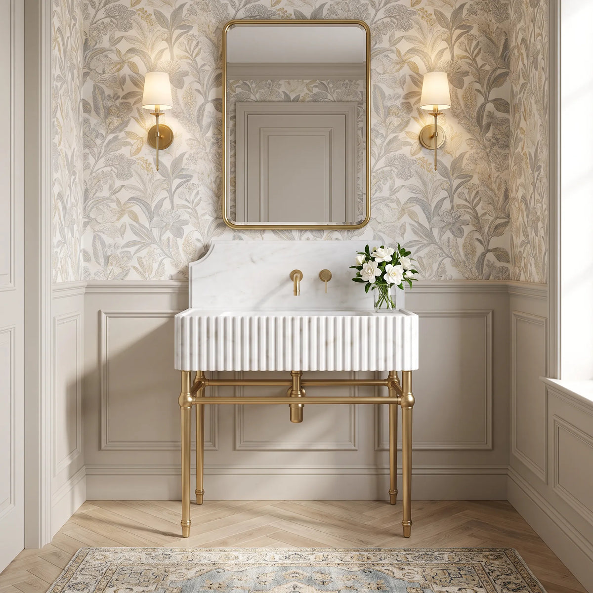 Avoria 30 inch Carrara White marble console sink vanity with fluted front and brass legs