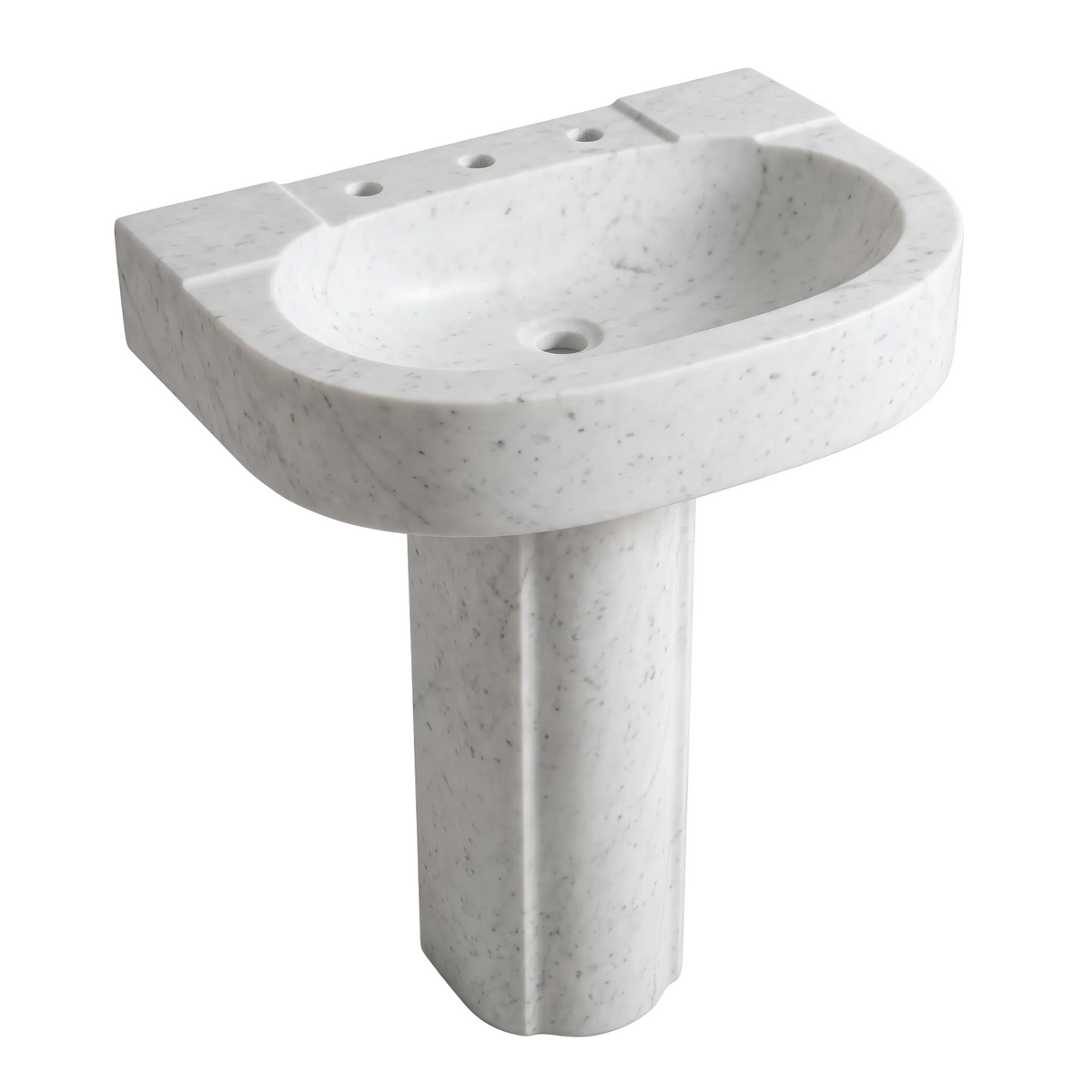 Bellgrave custom Carrara White marble pedestal bathroom sink with integrated oval basin, rounded sculpted front, three faucet holes and solid pedestal base