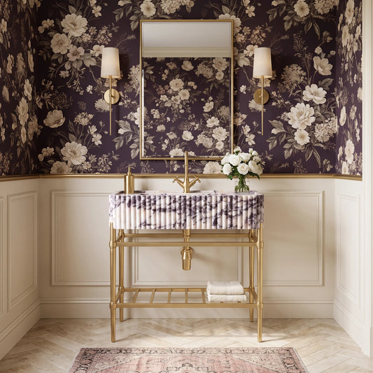 Bellora 30 inch Calacatta Viola marble bathroom vanity with sink and solid brass console legs in a luxury bathroom