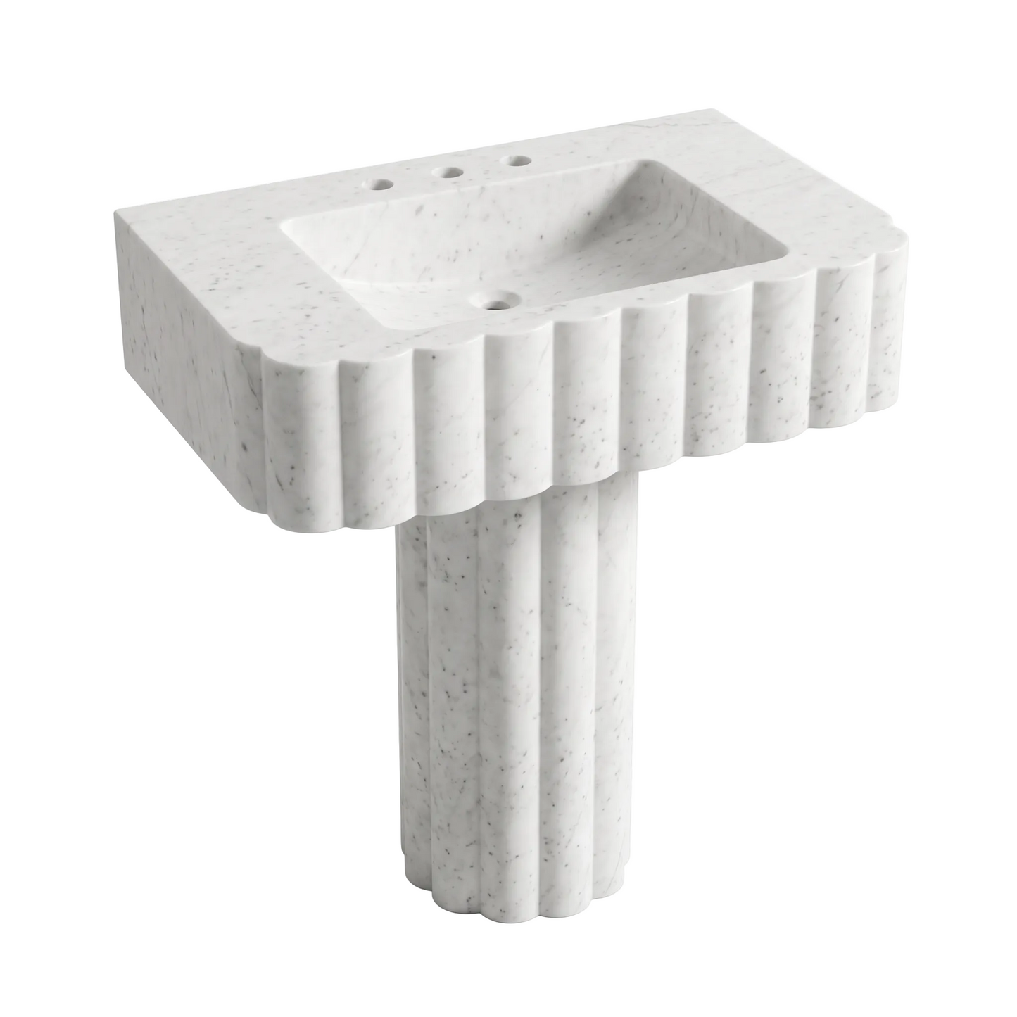 Belluno custom Carrara White marble pedestal bathroom sink with scalloped front apron, integrated carved basin and sculptural fluted pedestal