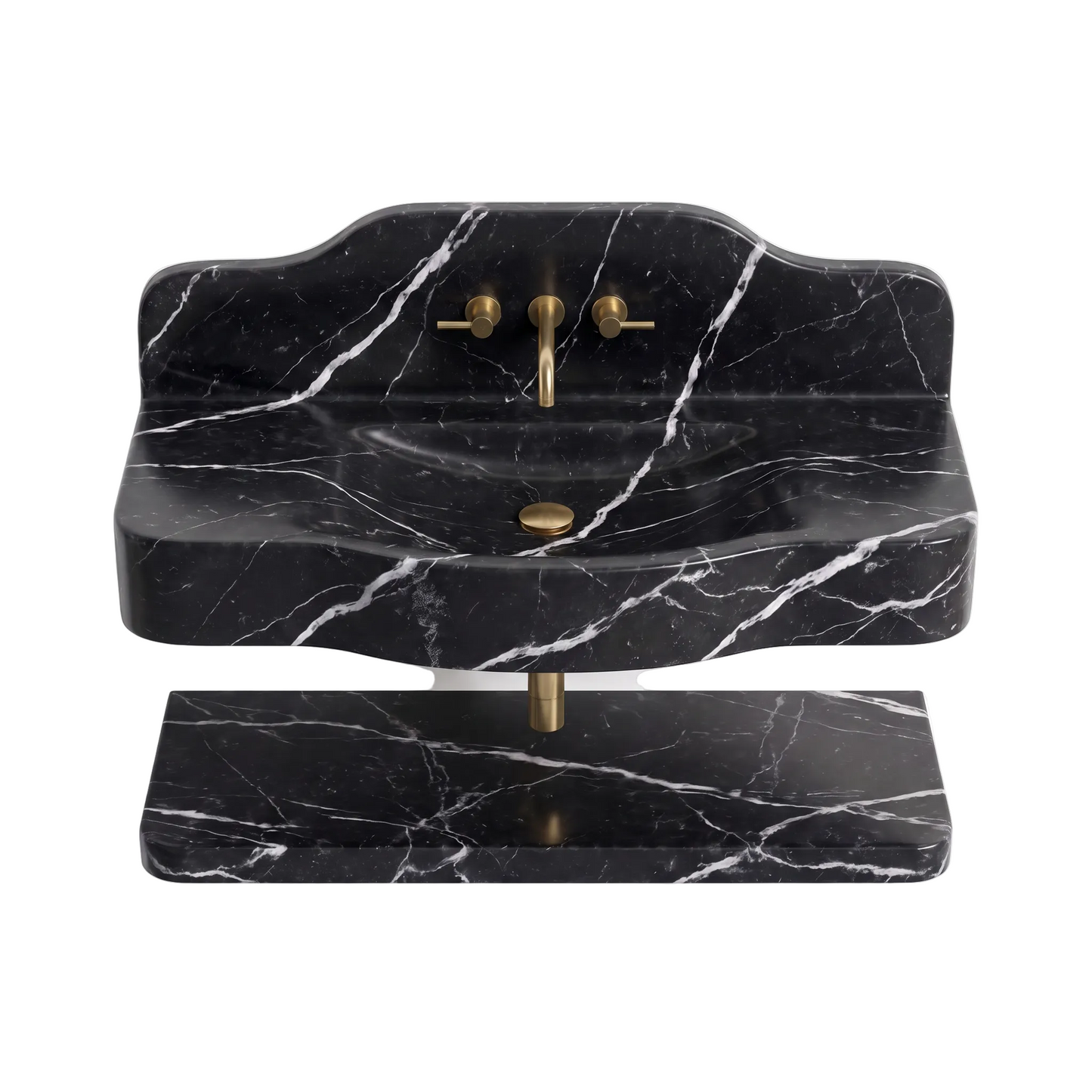 Belluno 30 inch Nero Marquina floating marble bathroom sink with lower marble shelf