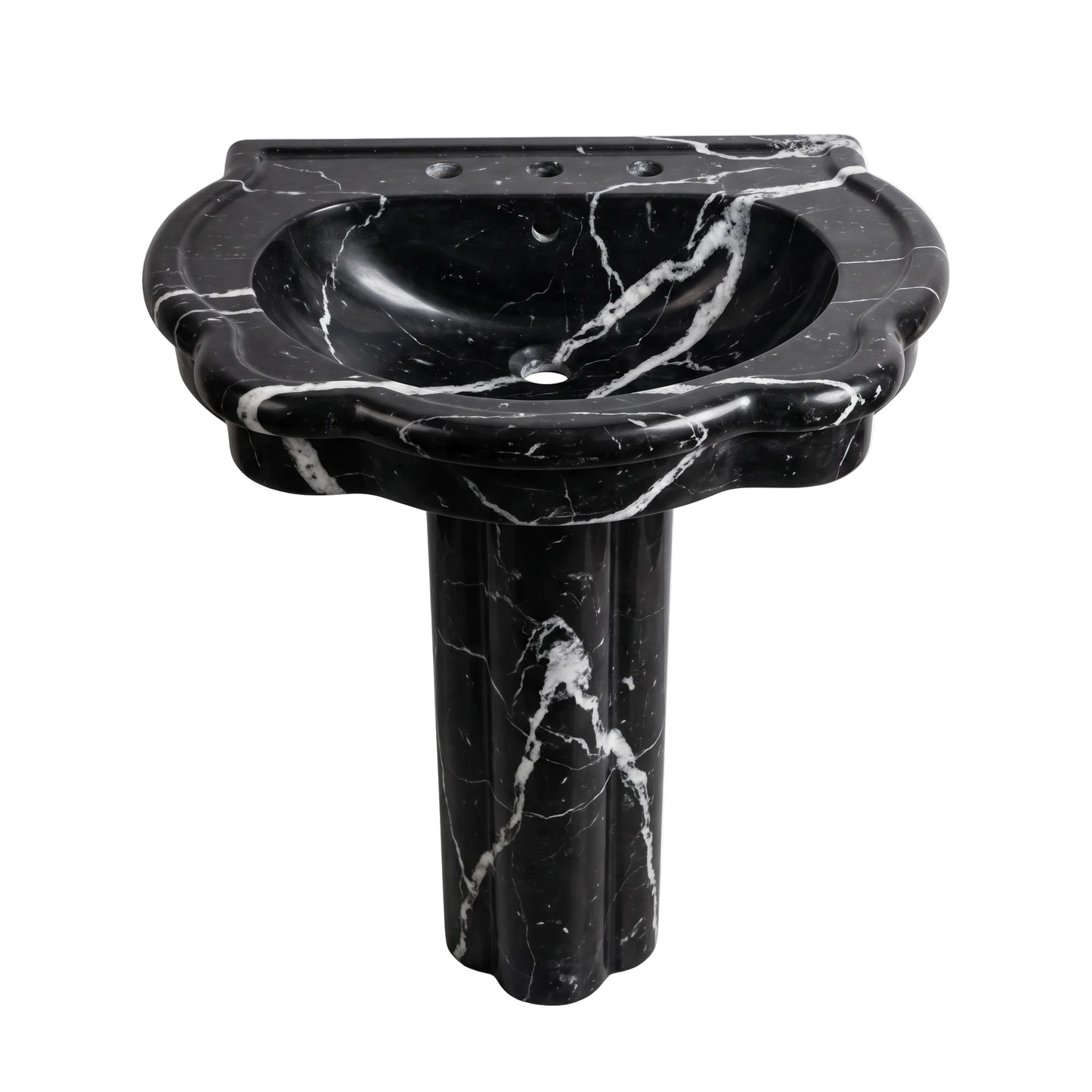 Caldwick Nero Marquina marble pedestal bathroom sink with sculpted scalloped basin, fluted column and bold white veining