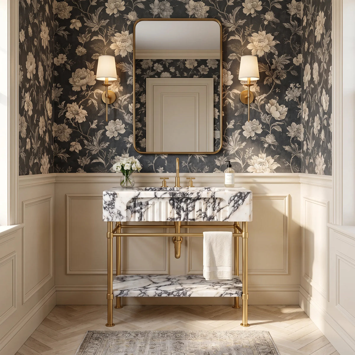 Calista 30 inch Calacatta Viola marble bathroom vanity with sink and solid brass console legs in a luxury bathroom