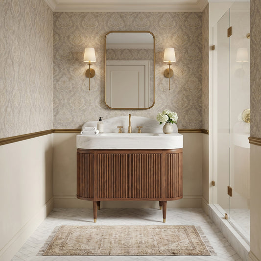 Custom Carrara White marble bathroom vanity with integrated sink, curved backsplash and fluted walnut cabinet