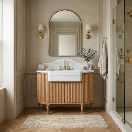 Custom Carrara White marble bathroom vanity with integrated sink, scalloped backsplash and fluted oak cabinet