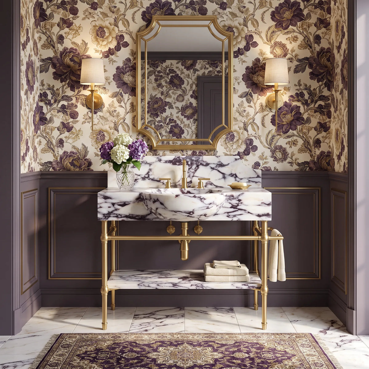 Castello 30 inch Calacatta Viola marble bathroom vanity with sink and solid brass console legs in a luxury bathroom