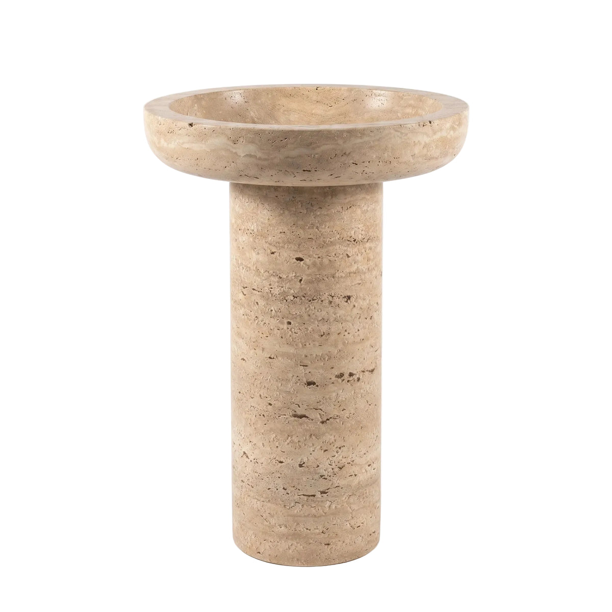 Cervane natural travertine pedestal bathroom sink with wide round basin and cylindrical freestanding base