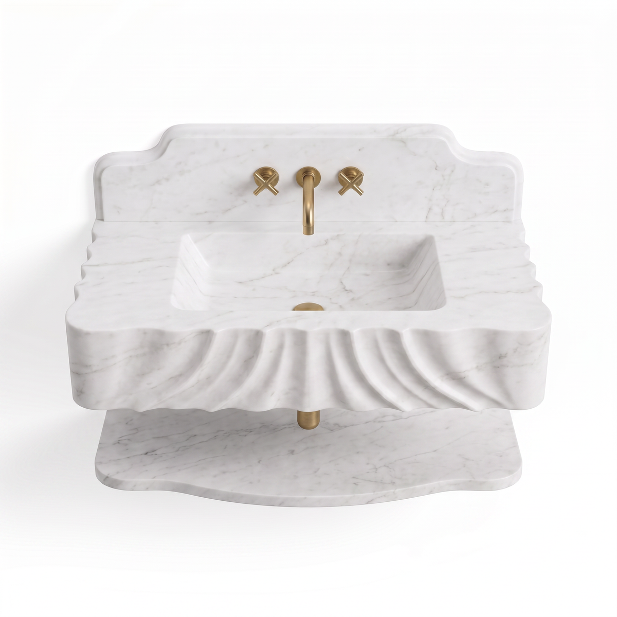 Colorado 30 inch Carrara White floating marble bathroom sink with matching backsplash and lower marble shelf