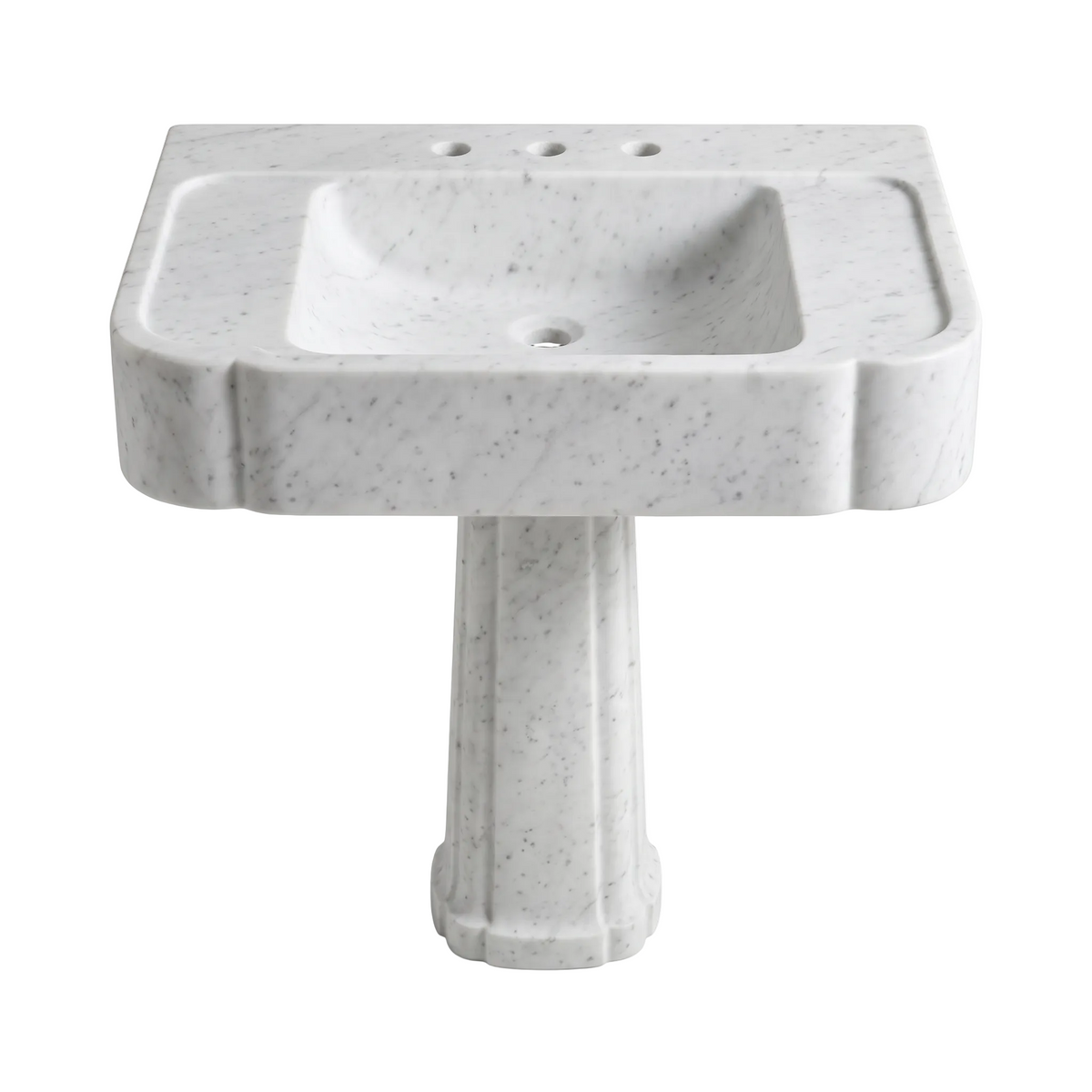 Corvella custom Carrara White marble pedestal bathroom sink with integrated rectangular basin, sculpted apron, carved side trays and architectural pedestal base