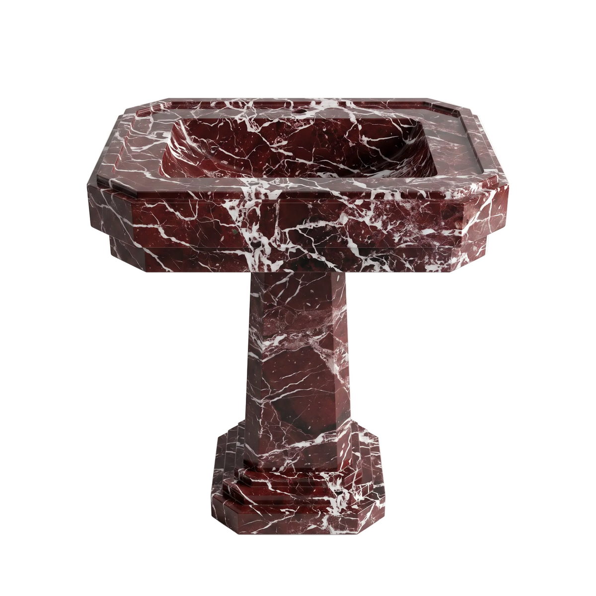 Eldermere Rosso Levanto marble pedestal bathroom sink with rectangular carved basin, architectural stepped details and sculptural column base