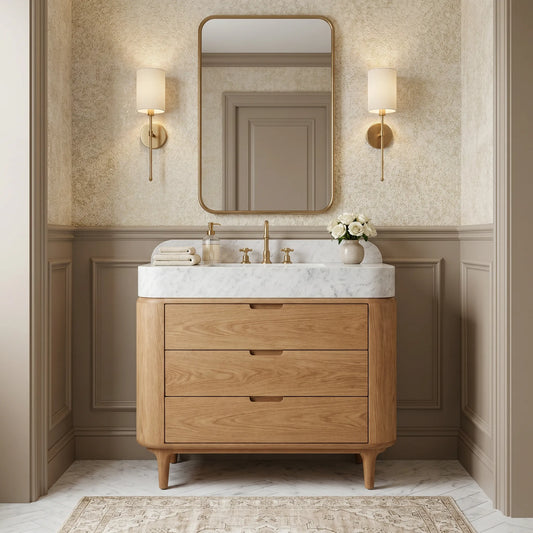 Custom Carrara White marble bathroom vanity with single-block sink, backsplash and handcrafted oak cabinet