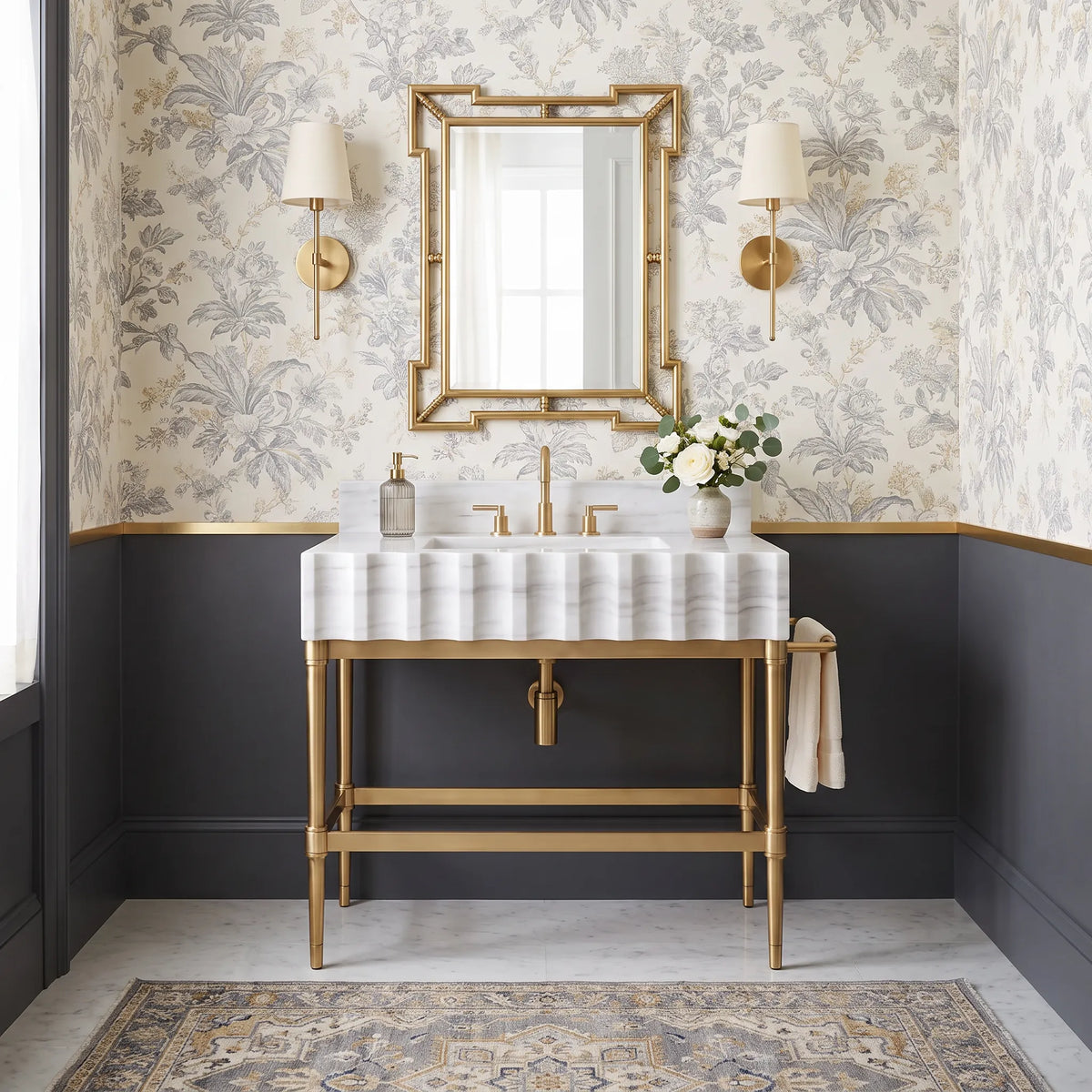 Imperia 30 inch Carrara White marble bathroom vanity with sink and solid brass console legs in a luxury bathroom