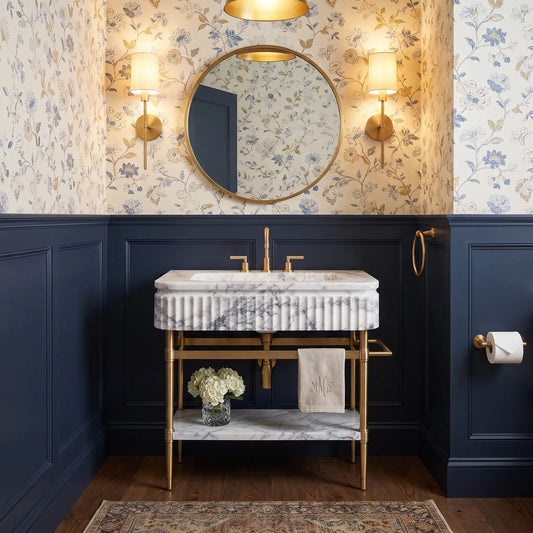 Legacy 30 inch Lilac marble bathroom vanity with sink and solid brass console legs in a luxury bathroom