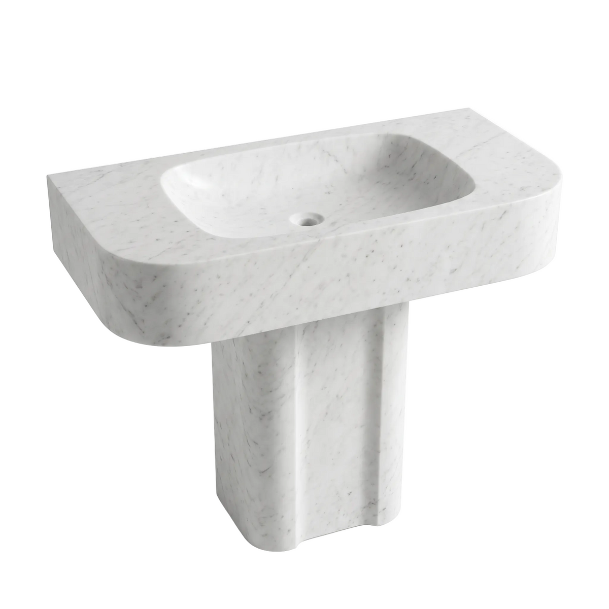 Lucerno custom Carrara White marble pedestal bathroom sink with integrated rectangular basin, thick rounded-edge top and sculptural pedestal base