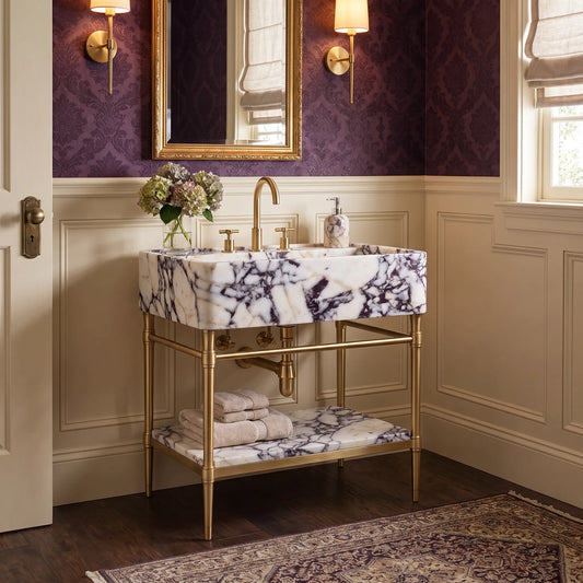 Marbella 30 inch Calacatta Viola marble bathroom vanity with sink and solid brass console legs in a luxury bathroom