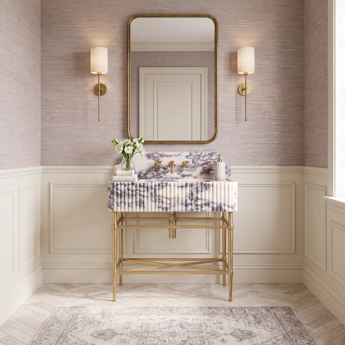 Marenza 30 inch Calacatta Viola marble bathroom vanity with sink and solid brass console legs in a luxury bathroom